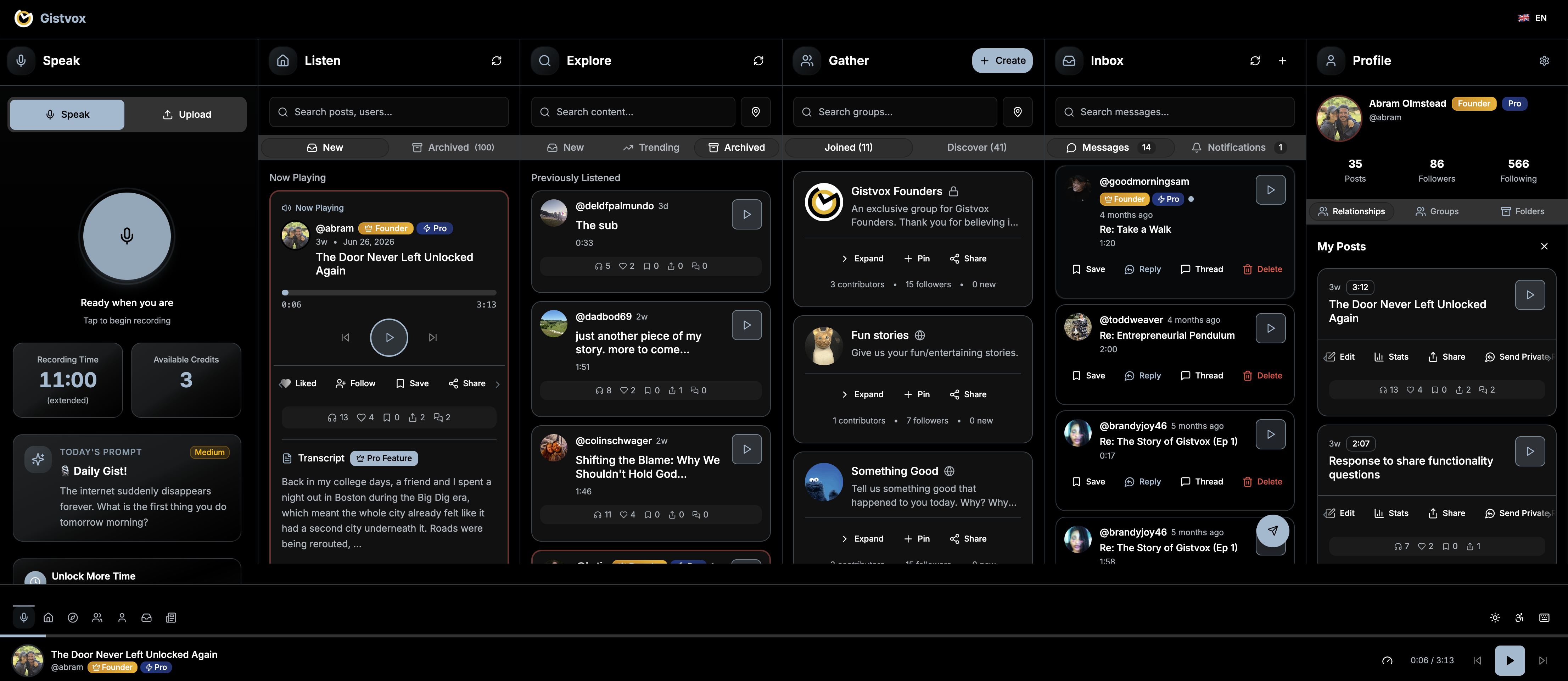 Gistvox voice social network on desktop web browser — full 6-column layout showing audio feed, groups, series, discover, and profile panels