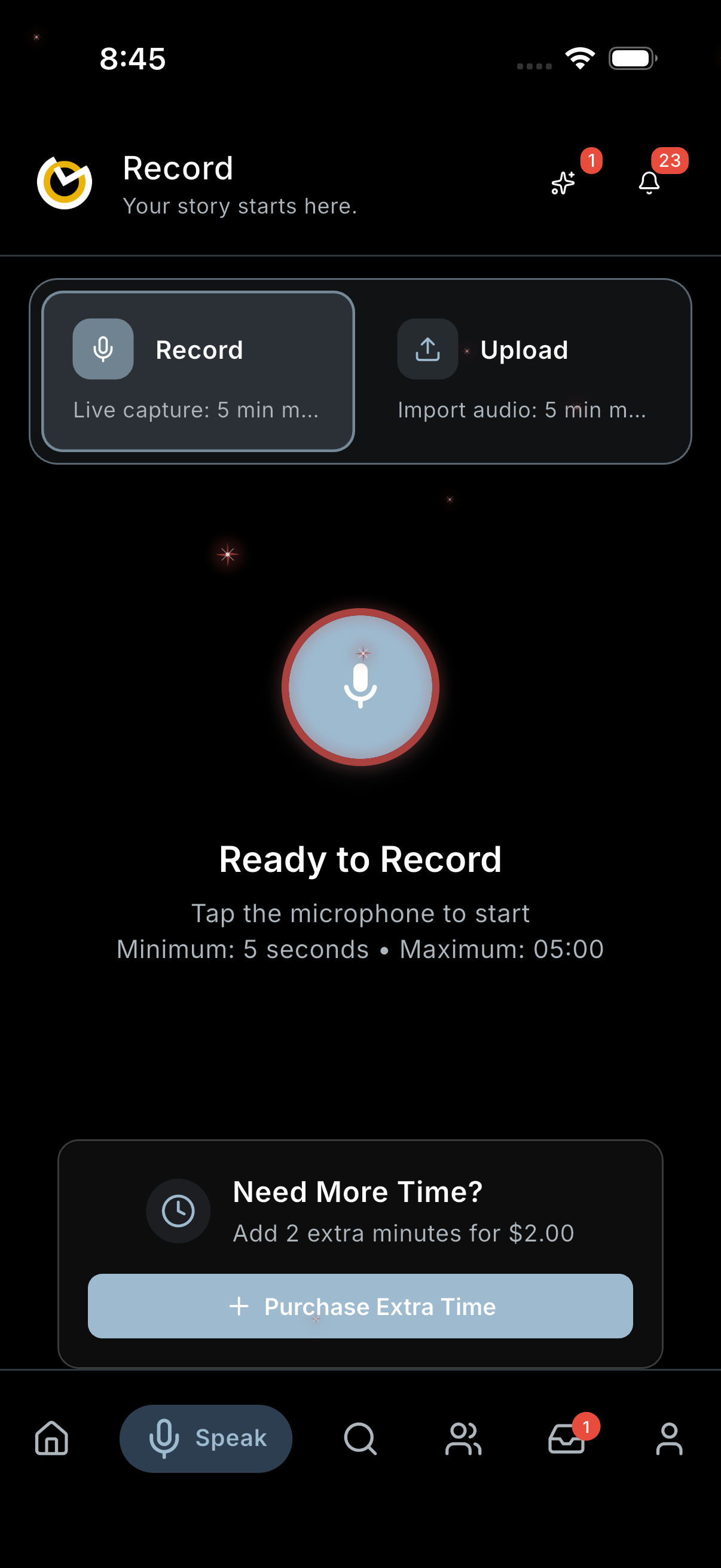 Gistvox audio social media app on iPhone — voice recording screen showing microphone interface, live audio waveform, and bottom navigation bar
