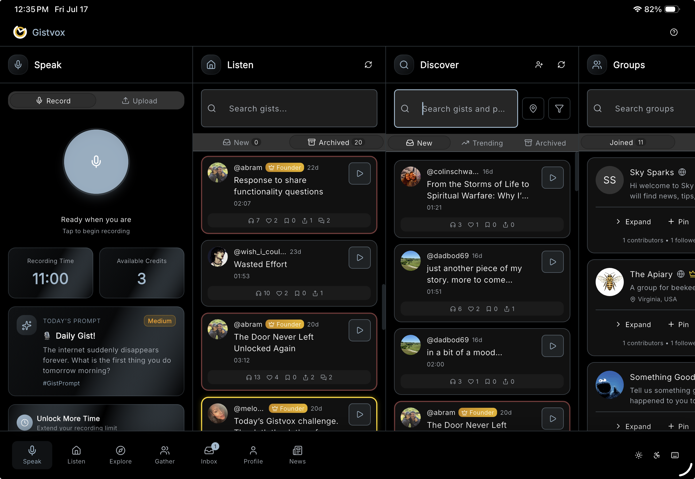 Gistvox social audio app on iPad — multi-column feed layout showing voice posts from global creators with audio player